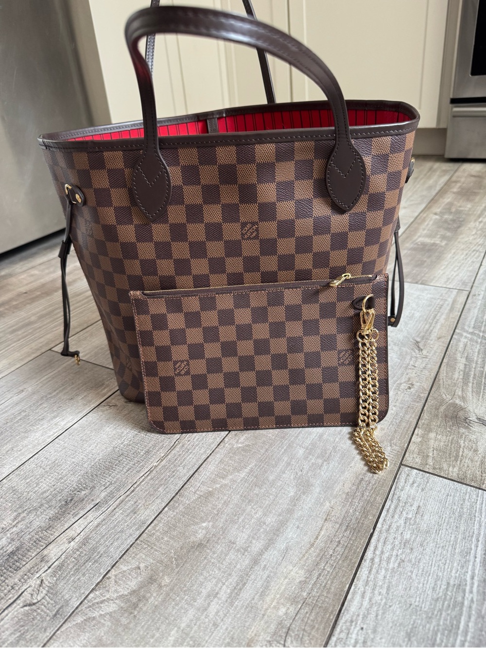 Louis Vuitton Brown Damier Ebene Tote with Red Interior